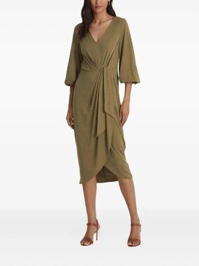 Lauren By Ralph Lauren Olive Stretch Jersey Tie Front Dress Midi NWT Size 16P
